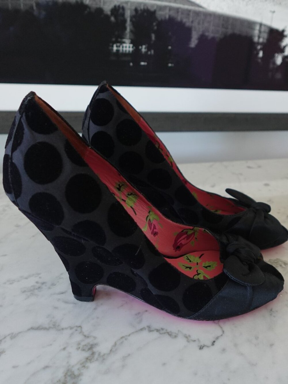 Betsey Johnson Black Yori velvet peekaboo toe polka dot wedge heels